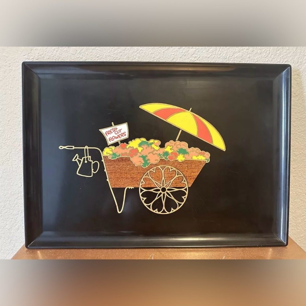 Vintage MCM Couroc of Monterey California Tray Flower Cart 18 x 12”